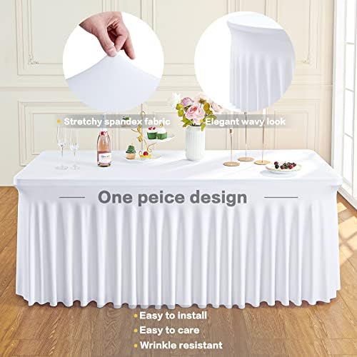 HTPER 4 חבילה סטרץ 'כיסויי שולחן לבן לשולחנות מלבן 8 רגל, כיסוי שולחן מצויד בחינם, בגדי שולחן נמתחים